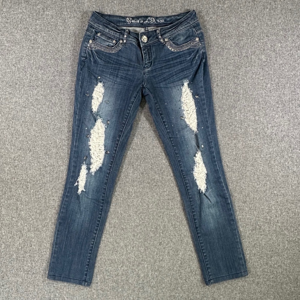 Grace in LA Distressed Skinny Jeans Womens 5/26 Rhinestone Dark‎ Wash Denim Y2K